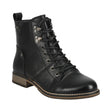 Black leather mid-height boot with inside zipper, soft lining, and a rugged waterproof sole. Built for winter comfort and protection in wet weather. Style #717181_61300