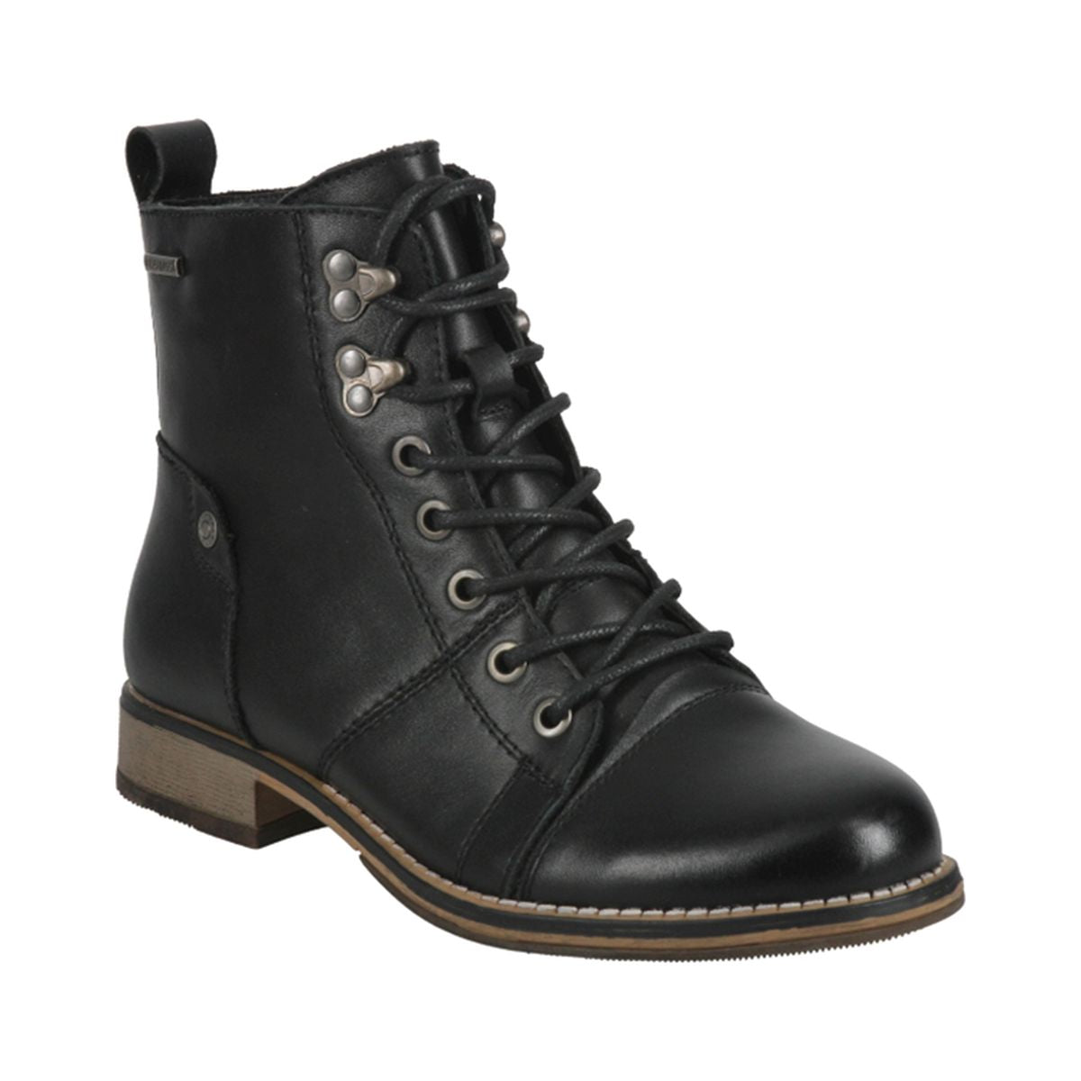 Black leather mid-height boot with inside zipper, soft lining, and a rugged waterproof sole. Built for winter comfort and protection in wet weather. Style #717181_61300