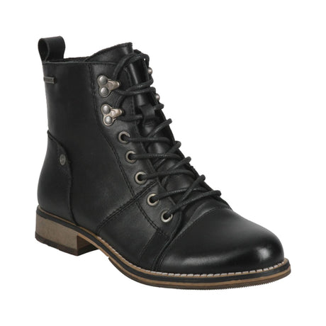 Black leather mid-height boot with inside zipper, soft lining, and a rugged waterproof sole. Built for winter comfort and protection in wet weather. Style #717181_61300