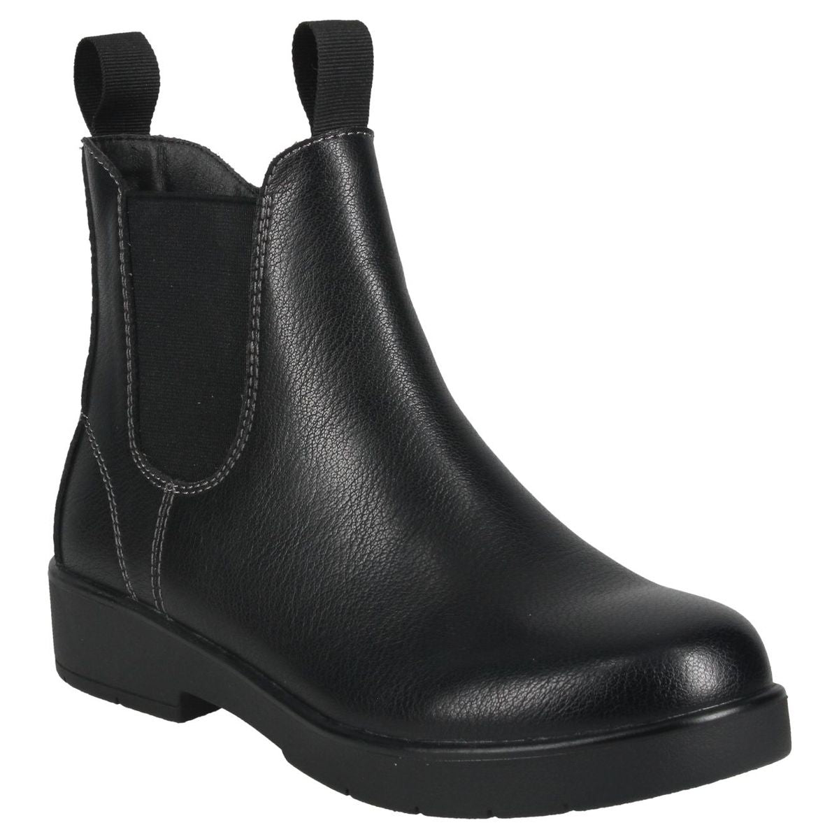 Josef Seibel black leather waterproof Chelsea boot with elastic side goring, dual pull tabs, and low heel. Style #731701-100