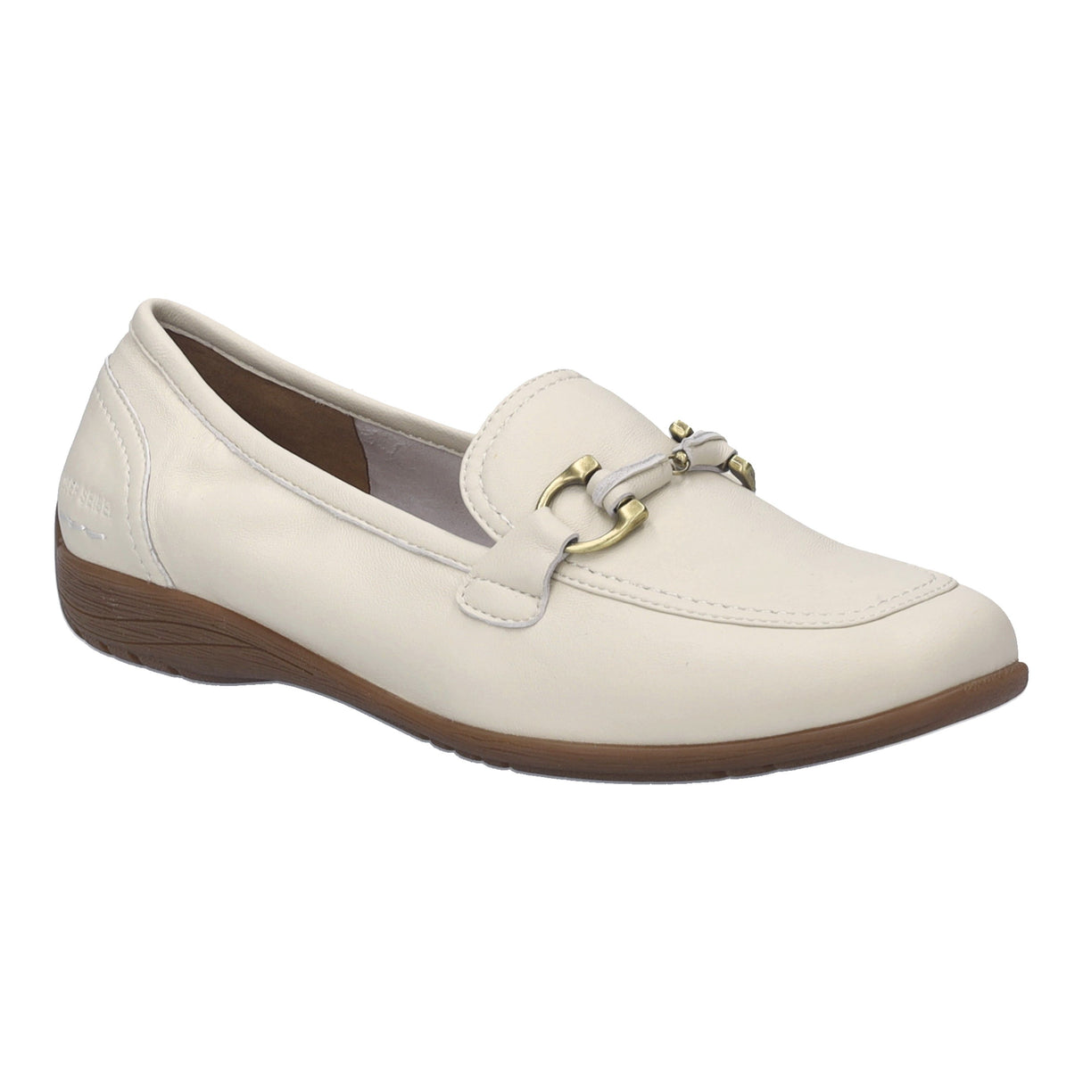 Women's creme leather loafer featuring a gold horsebit ornament on the vamp and a brown rubber sole. Style #74834-8230