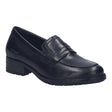 Black leather Josef Seibel loafer with a traditional penny-slot strap and low stacked heel, 75302-100