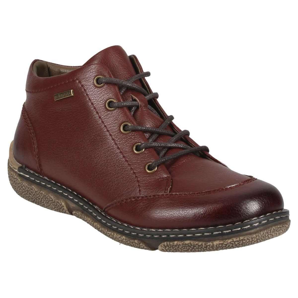 Josef Seibel burgundy leather waterproof lace-up ankle boot with contrast stitching and textured sole. Style #785101-300
