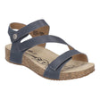Blue leather sandal with two adjustable straps, cushioned cork midsole, open toe, and flexible TR outsole. Designed for breathable summer comfort and personalized fit. Style #78519-540