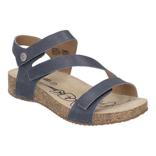 Blue leather sandal with two adjustable straps, cushioned cork midsole, open toe, and flexible TR outsole. Designed for breathable summer comfort and personalized fit. Style #78519-540