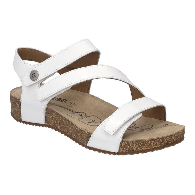 White leather sandal with two adjustable straps, contoured cork footbed, open toe, and low-profile PU sole. Designed for breathable comfort and all-day support. Style #78519-540