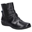 Black leather ankle boot with inside zipper, elastic gusset on the outer side, rounded toe, and low-profile rubber outsole. Designed for breathable, flexible everyday wear. Style #79766-100