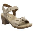 Beige leather sandal with two adjustable hook-and-loop straps, padded leather footbed, and low-profile cork midsole. Designed for lightweight summer comfort and support. Style #86411-200