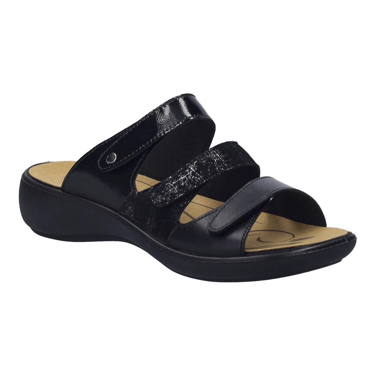 Women's black slide sandal with three adjustable hook-and-loop straps and a low black wedge heel. Style #86710-9100
