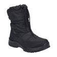 Black leather ankle boot with sleek front zipper, subtle stitching, and waterproof Top-Dry Tex lining. Features removable cushioned footbed and lightweight flexible sole for durable, all-weather wear. Style #91858_100