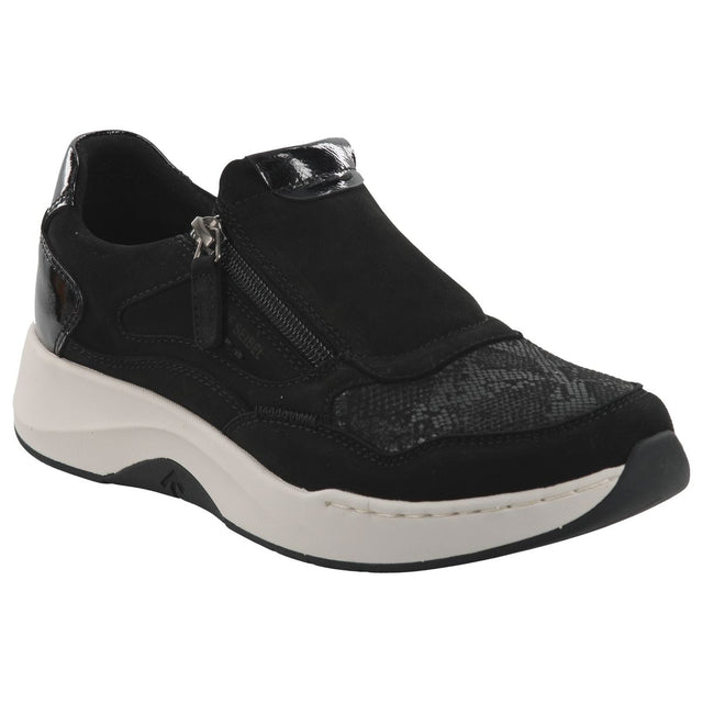 Black leather ankle boot with side stretch panels and inner zipper for easy entry. Designed with removable footbed, cushioned interior, and flexible EVA/TR sole for comfortable walking and multi-width foot fit. Style #96203_100