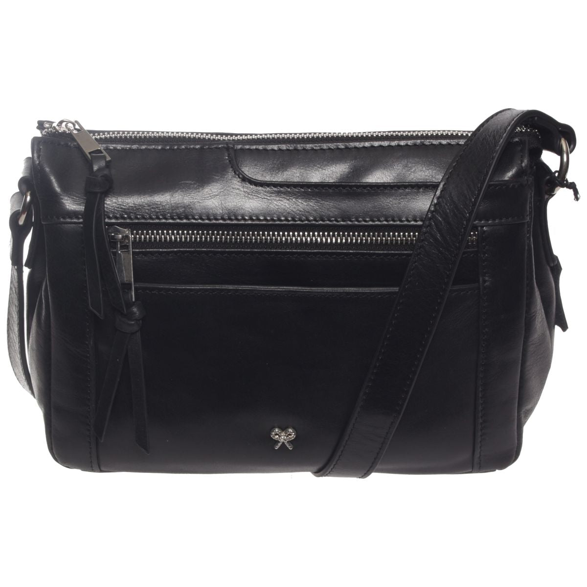 La Diva black handbag top view with open zip compartments showing striped lining and front zip pockets. Style #R14825STL