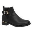Lady Comfort Charlotte-01WP Women’s Black Waterproof Booties with faux fur lining, cushioned insole, gold buckle and heel accents, and traction outsole.