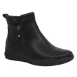 Lady Comfort Jane-01WP Women’s Black Waterproof Wedge Boots with plush faux fur lining, full-length inside zipper, decorative outside zipper, and rubber outsole.