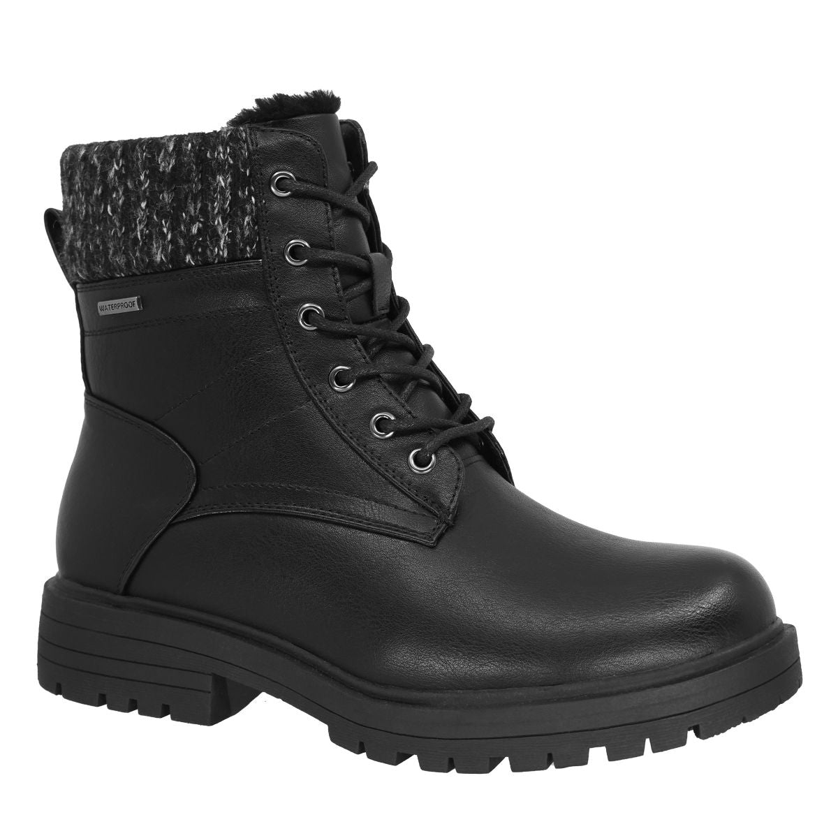 Beige lace-up waterproof boot with knit sweater collar, plush lining, and lug sole. Lady Comfort Style #KATHER-WP