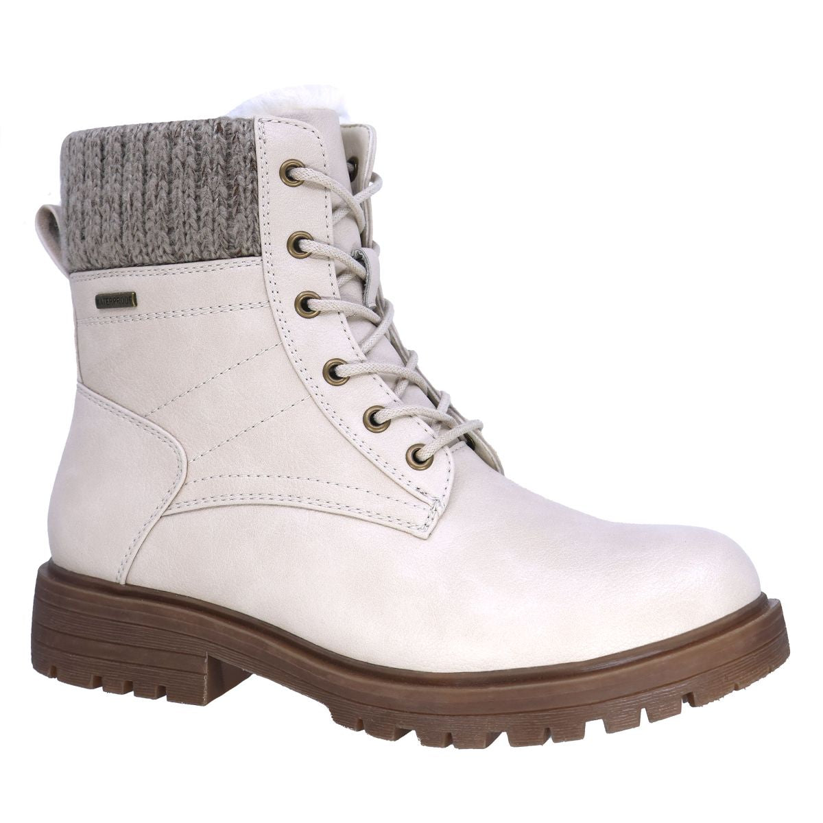 Beige lace-up waterproof boot with knit sweater collar, plush lining, and lug sole. Lady Comfort Style #KATHER-WP