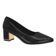 Lady Comfort Nicole-01 Women’s Black Block Heel Shoes with padded insole, gripped outsole, 2” heel, padded heel counter, and metal heel accent.