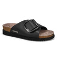 Mephisto Hariana Women's Cork Slide Buckle Sandals in Black. Single Mephisto Hariana cork slide sandal in black with a large silver buckle on a white background. style 2800 - Comfortable, All-day wear, soft footbed, leather, classic look, walking shoe, easy on and off, sandal, clog, heel, Mephisto Hariana sandals, women’s cork slide sandals, black leather slide sandal, SOFT-AIR technology sandals, Mephisto style 2800.