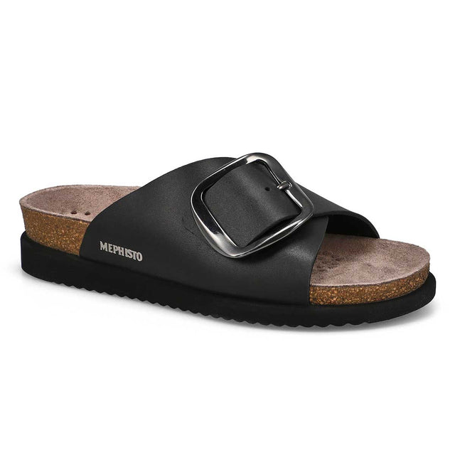 Mephisto Hariana Women's Cork Slide Buckle Sandals in Black. Single Mephisto Hariana cork slide sandal in black with a large silver buckle on a white background. style 2800 - Comfortable, All-day wear, soft footbed, leather, classic look, walking shoe, easy on and off, sandal, clog, heel, Mephisto Hariana sandals, women’s cork slide sandals, black leather slide sandal, SOFT-AIR technology sandals, Mephisto style 2800.