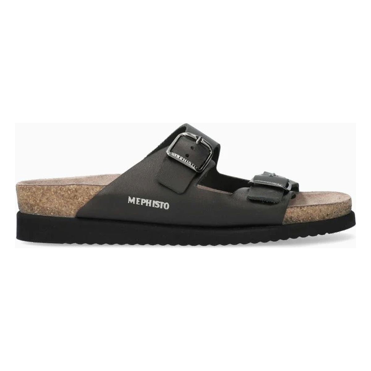 Mephisto Harmony Women's Sandals in Black Waxy Leather - Comfortable, All-day wear, soft footbed, leather, classic look, walking shoe, easy on and off, sandal, clog, heel, Mephisto Harmony sandals, black leather summer sandals, SOFT-AIR cork sandals, women's orthopedic sandals, Mephisto flat sandals, AIR-RELAX sandals. Style HARMON2800