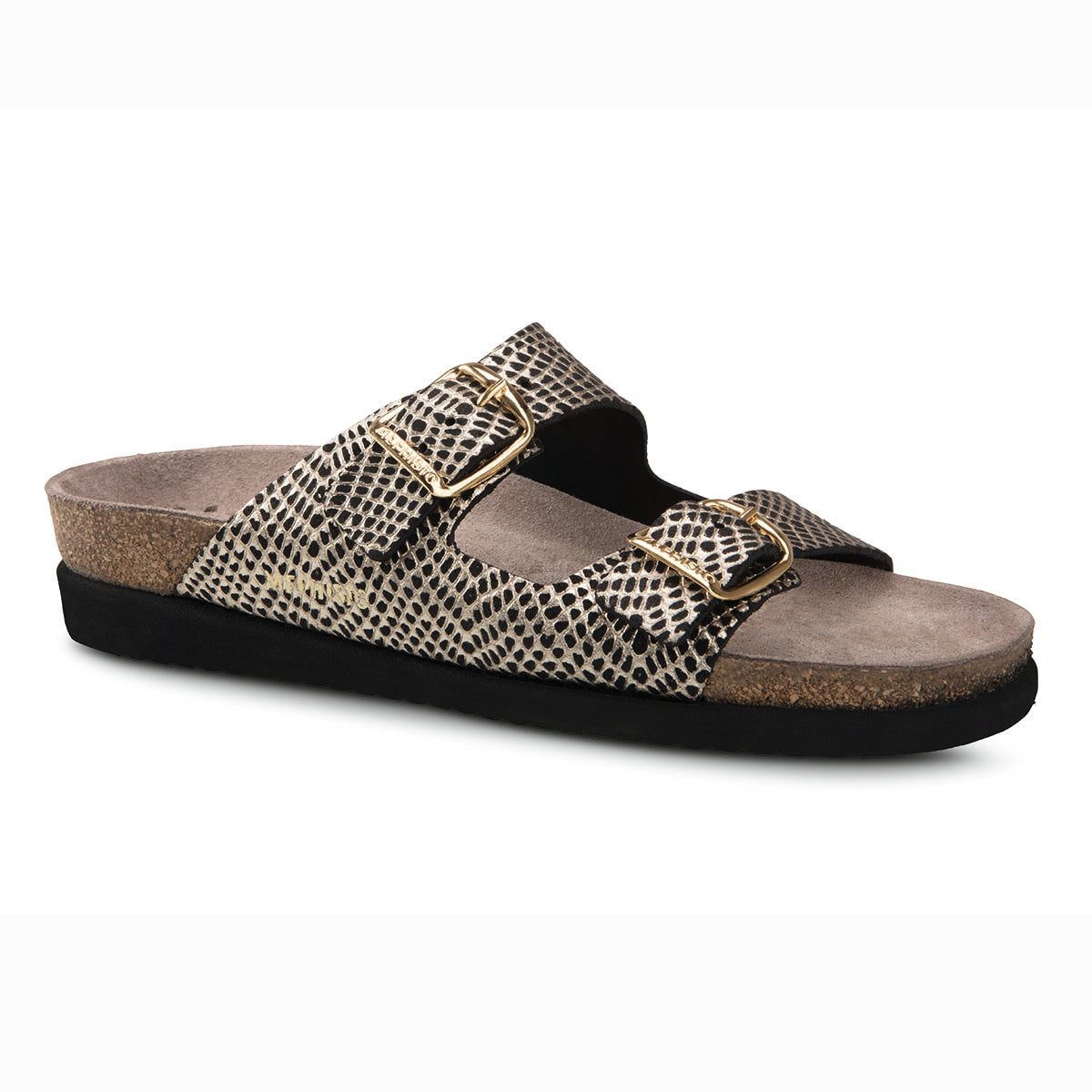 Mephisto Harmony Women's Sandals in Gold - Comfortable, All-day wear, soft footbed, leather, classic look, walking shoe, easy on and off, sandal, clog, heel, Mephisto Harmony sandals, black and gold leather summer sandals, SOFT-AIR cork sandals, women's orthopedic sandals, Mephisto flat sandals, AIR-RELAX sandals. Style 700002