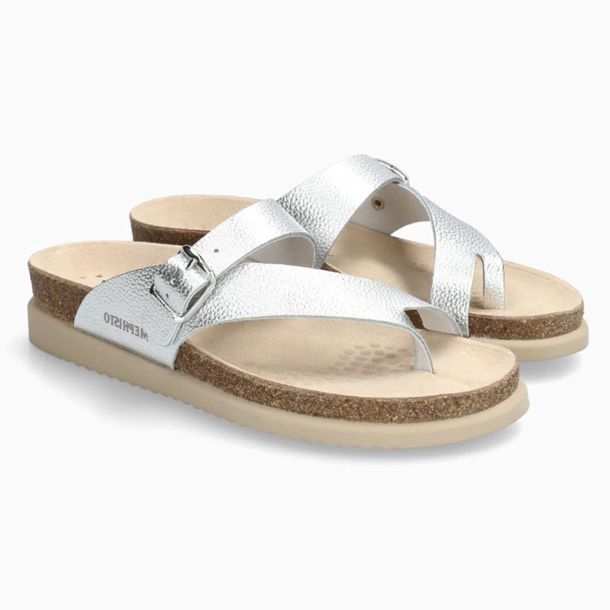 Mephisto Helen Women's Toe Thong Sandals in Silver. A pair of metallic silver Mephisto Helen toe thong sandals with textured straps, buckles, and cork footbeds. 55268 - Comfortable, All-day wear, soft footbed, leather, classic look, walking shoe, easy on and off, sandal, clog, heel, Mephisto Helen Silver sandals, Mephisto 55268, women’s toe thong sandals, SOFT-AIR footbed, AIR-RELAX arch support, leather summer sandals, Mephisto Canada.