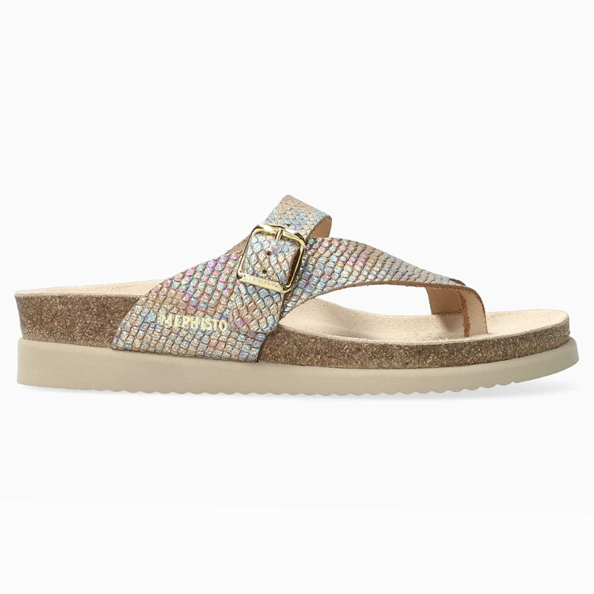Mephisto Helen Toe Post Sandals in Reptia Multi - style 20577 - Comfortable, All-day wear, soft footbed, leather, classic look, walking shoe, easy on and off, sandal, clog, heel, Mephisto Helen sandals, Reptia Multi sandals, women’s toe post sandals, Mephisto 20577, SOFT-AIR cork footbed, AIR-RELAX support, adjustable buckle sandal.