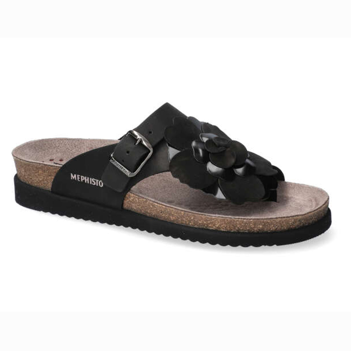 Mephisto Helen Flower Women's Sandals in Black - Style HELEN6000 - Comfortable, All-day wear, soft footbed, leather, classic look, walking shoe, easy on and off, sandal, clog, heel, Mephisto Helen Flower sandals, black women’s sandals, Mephisto HELEN6000, SOFT-AIR footbed sandals, AIR-RELAX toe-post sandals, supportive summer footwear.