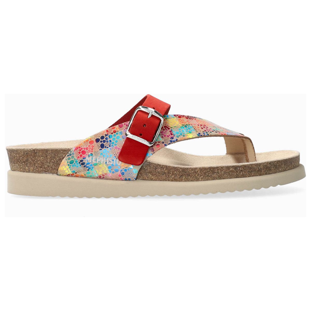 Helen Mix Women's Toe Post Sandals in Multi Red - style 34377 - Comfortable, All-day wear, soft footbed, leather, classic look, walking shoe, easy on and off, sandal, clog, heel, Mephisto Helen Mix sandals, red toe-post sandals, women’s summer sandals, Mephisto 34377, SOFT-AIR cork footbed, AIR-RELAX arch support, stylish comfort sandals.
