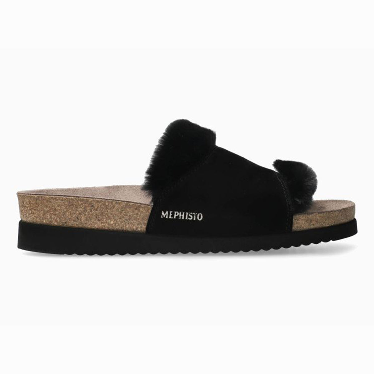 Mephisto Hemeline Women's Cork Sandals in Black - Comfortable, All-day wear, soft footbed, leather, classic look, walking shoe, easy on and off, sandal, clog, heel, Mephisto Hemeline sandals, Mephisto, women’s cork sandals, faux-fur lined sandals, SOFT-AIR footbed, AIR-RELAX technology, cozy black sandals. Style 12200