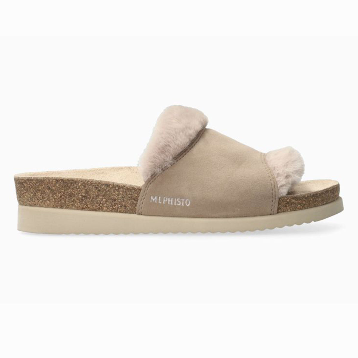 Mephisto Hemeline Women's Cork Sandals in Taupe - Comfortable, All-day wear, soft footbed, leather, classic look, walking shoe, easy on and off, sandal, clog, heel, Mephisto Hemeline sandals, Mephisto 12218, women’s cork sandals, faux-fur lined sandals, SOFT-AIR footbed, AIR-RELAX technology, cozy taupe sandals. Style 12218