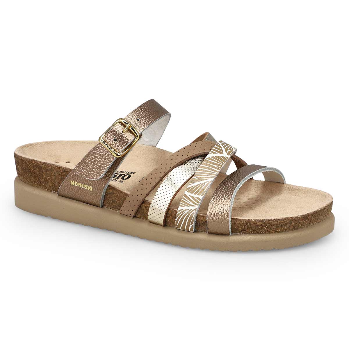 Mephisto Huleda Women's Sandals in Platinum. A single platinum Mephisto Huleda sandal with multiple metallic straps, one with a leaf pattern, and a cork footbed. Comfortable, All-day wear, soft footbed, leather, classic look, walking shoe, easy on and off, sandal, clog, heel, sandal, clog, heel, Mephisto Huleda sandals, platinum summer sandals, women’s cork sandals, Mephisto 55253/31BA, SOFT-AIR sandals, AIR-RELAX footbed. 55253/31BA