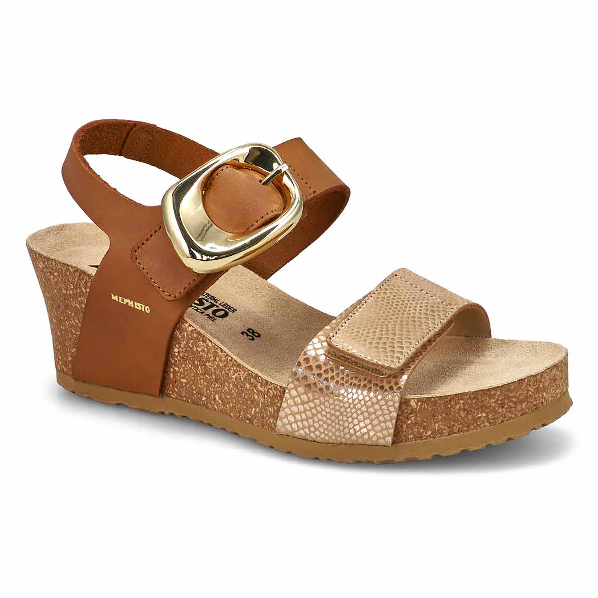 Leandre Women's Wedge Sandals in Light Sand - A single light sand Mephisto Leandre wedge sandal with a brown ankle strap, gold buckle, and textured front strap. Comfortable, All-day wear, soft footbed, leather, classic look, walking shoe, easy on and off, sandal, clog, heel, Mephisto Leandre sandals, light sand wedge sandals, women’s summer sandals, SOFT-AIR cork wedge, Mephisto 37512/3431.