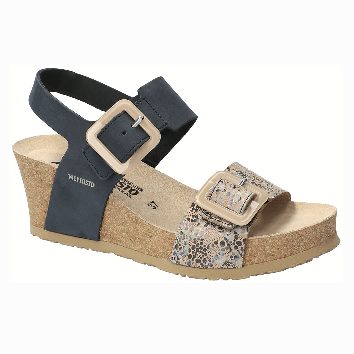 Mephisto Lissia Cork Women’s Wedge Sandals in Navy. Comfortable, All-day wear, soft footbed, leather, classic look, walking shoe, easy on and off, sandal, clog, heel, Mephisto Lissia Sandals, women's cork wedge sandals, Mephisto navy sandals, SOFT-AIR wedge sandal, AIR-RELAX sandals, summer sandals for women. | Style 6045/34304