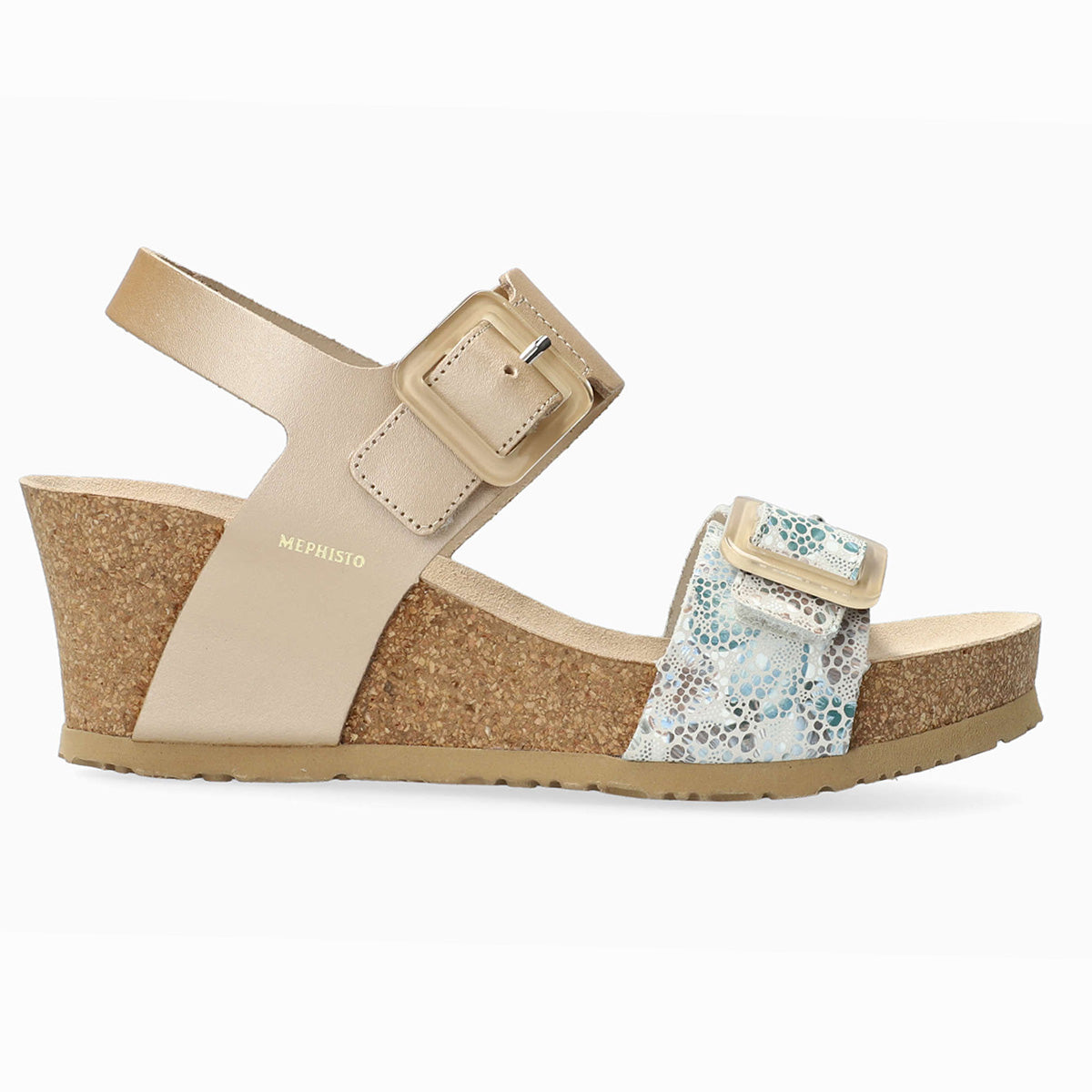 Mephisto Lissia Cork Women’s Wedge Sandals in Platinum. Comfortable, All-day wear, soft footbed, leather, classic look, walking shoe, easy on and off, sandal, clog, heel, Mephisto Lissia Sandals, women's cork wedge sandals, Mephisto platinum sandals, SOFT-AIR wedge sandal, AIR-RELAX sandals, summer sandals for women. | Style 27653/4391
