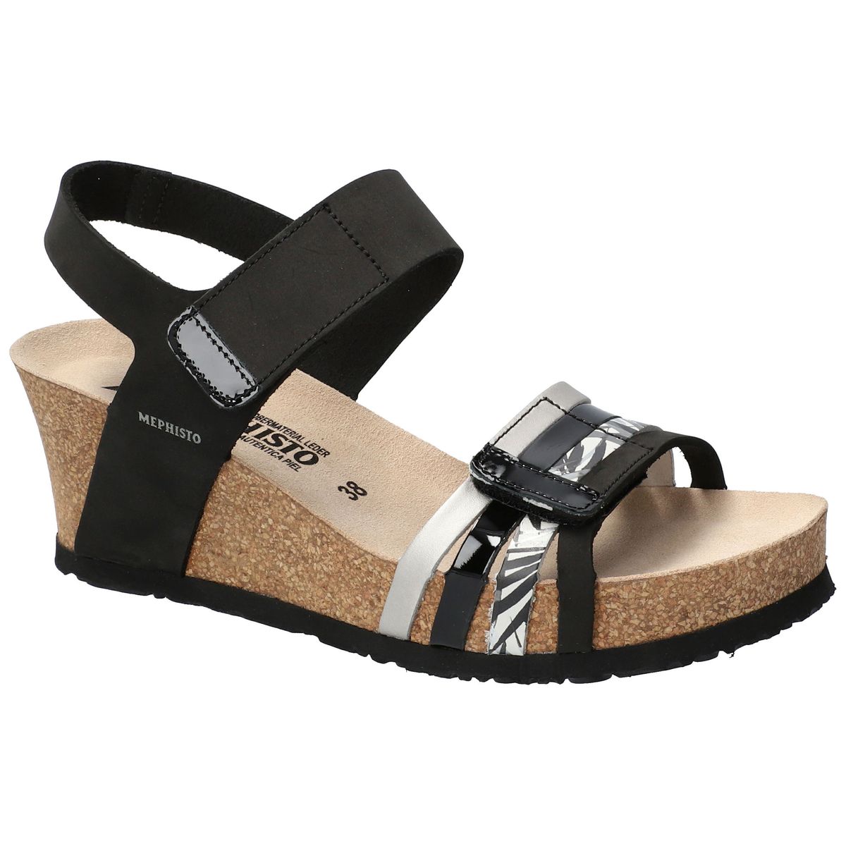 Mephisto Lucia Women's Cork Wedge Sandals in Black - Comfortable, All-day wear, soft footbed, leather, classic look, walking shoe, easy on and off, sandal, clog, heel, Mephisto Lucia sandal, black leather wedge sandals, women’s Mephisto sandals, SOFT-AIR cork footbed, Mephisto wedge sandals Canada. style 6000/29668