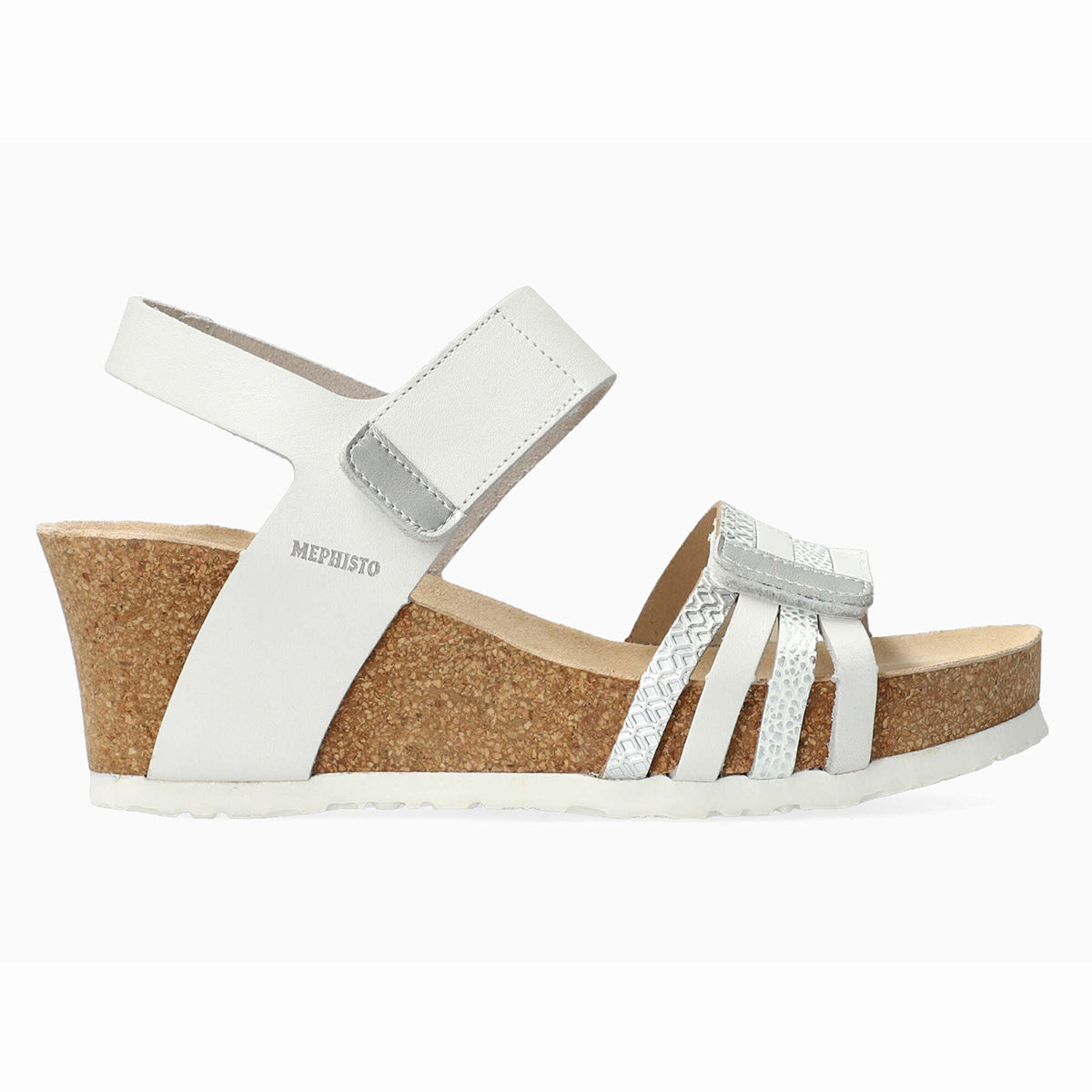 Mephisto Lucia Women's Cork Wedge Sandals in White - Comfortable, All-day wear, soft footbed, leather, classic look, walking shoe, easy on and off, sandal, clog, heel, Mephisto Lucia sandal, white leather wedge sandals, women’s Mephisto sandals, SOFT-AIR cork footbed, Mephisto wedge sandals Canada. style 2830/0168