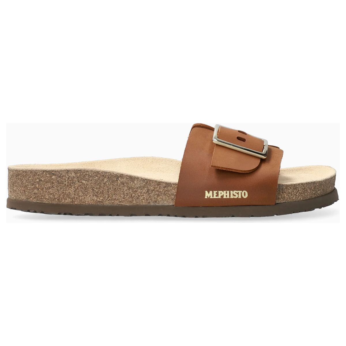 Mephisto women's Mabel sandals in chestnut with a single adjustable strap, a cork footbed, and a ridged black sole. 3478.