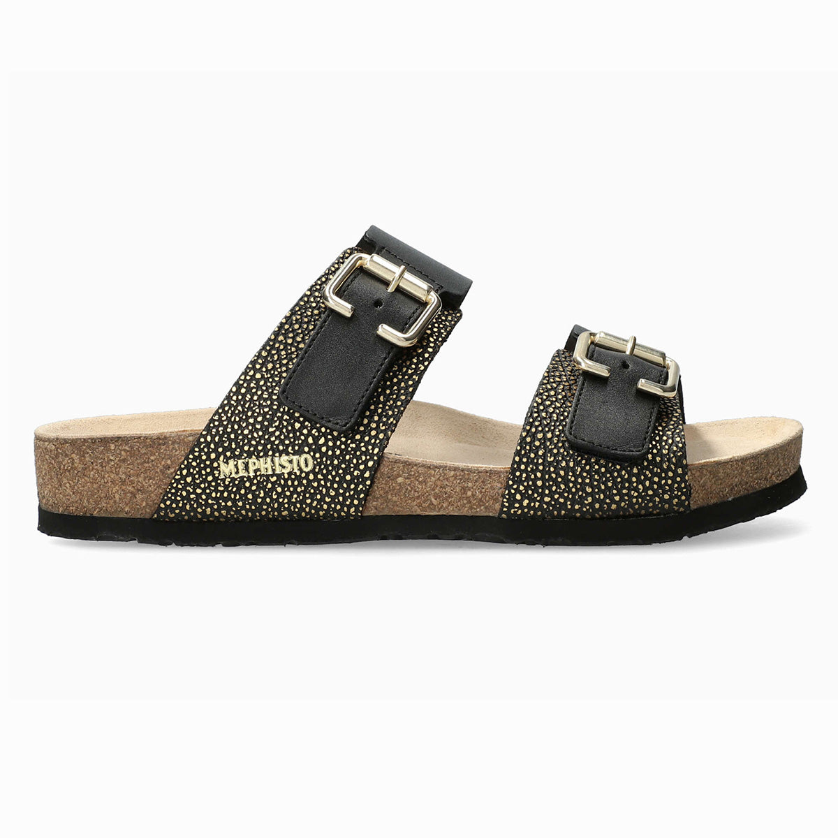 Mephisto Maya Cork Women's Slide Sandals in Black. Comfortable, All-day wear, soft footbed, leather, classic look, walking shoe, easy on and off, sandal, clog, heel, Mephisto Maya Sandals, black slide sandals, women's cork footbed sandals, Mephisto summer shoes, SOFT-AIR sandals, AIR-RELAX support. style 2800/70002