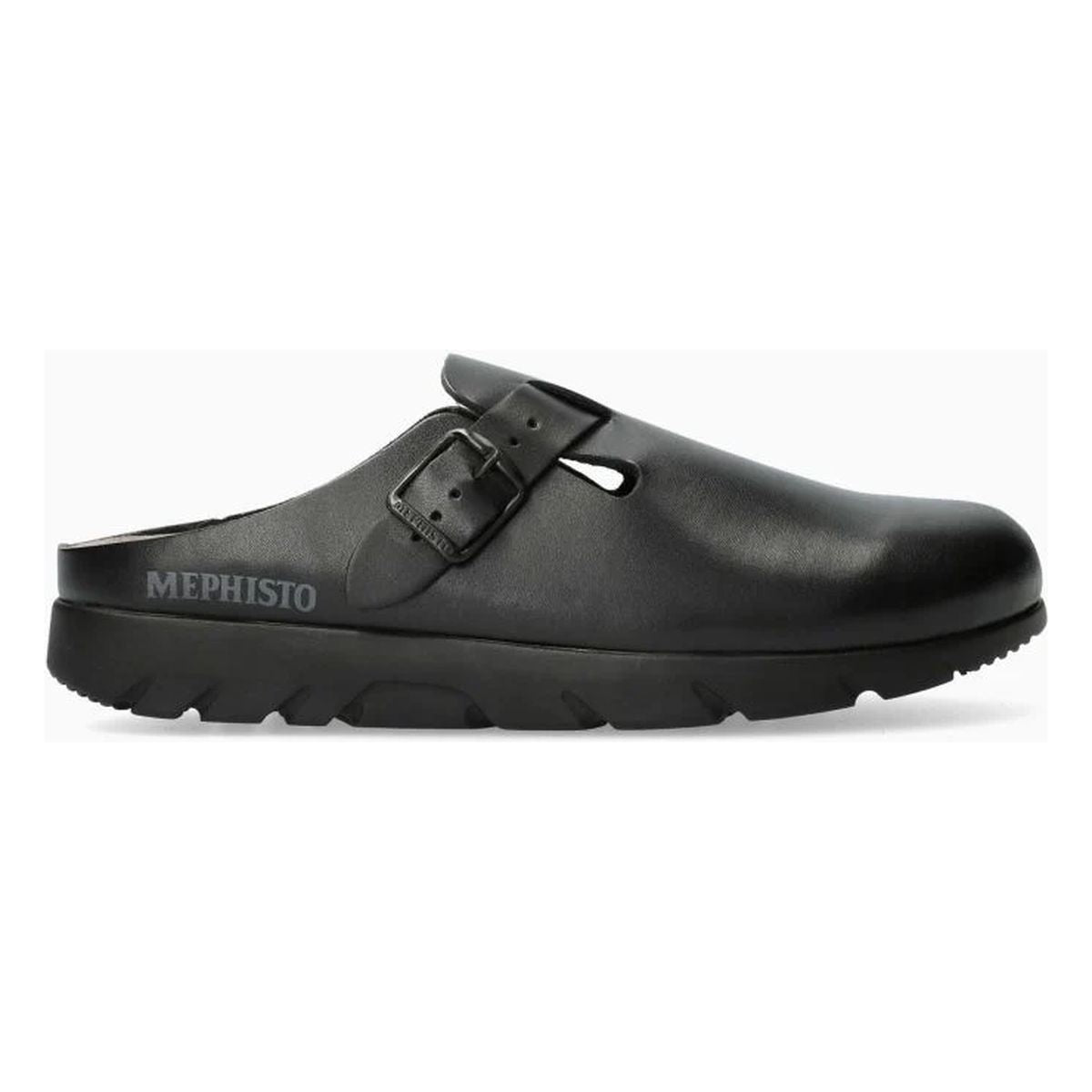 Unisex Black premium leather clog shoe with a strap on a white background. Mephisto Zaverio.