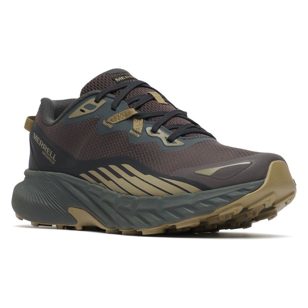Merrell charcoal and tan waterproof trail running shoe with mesh upper, thick cushioned midsole, and lugged sole. Style #J00005618