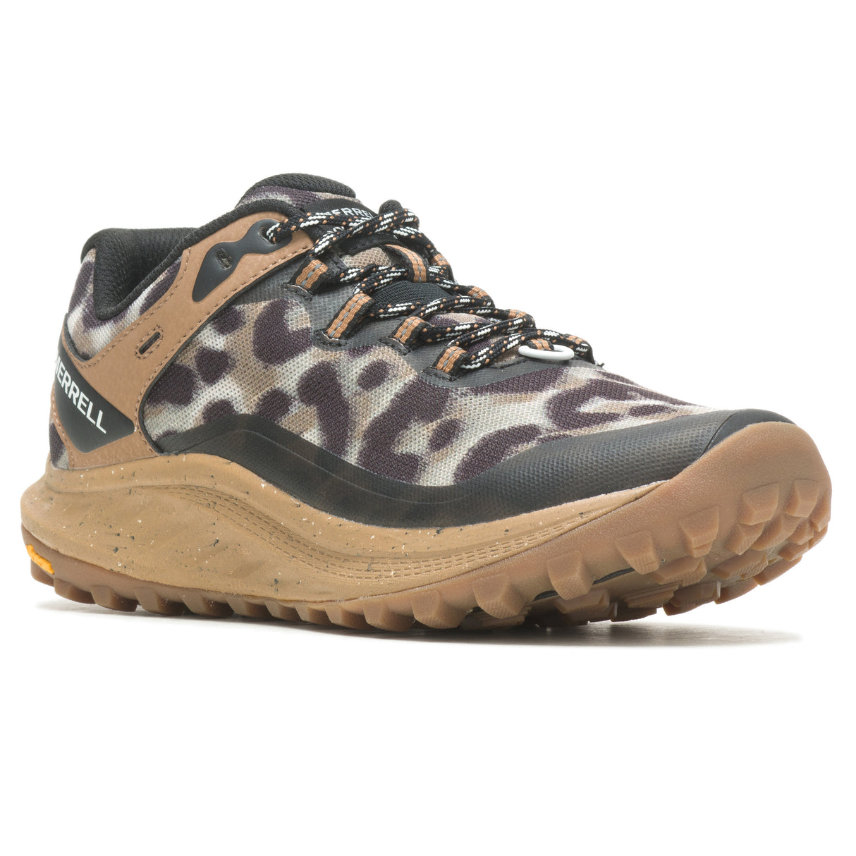 Merrell Antora 3 trail shoe in leopard print mesh with tan midsole and brown Vibram outsole. Style #: J067552