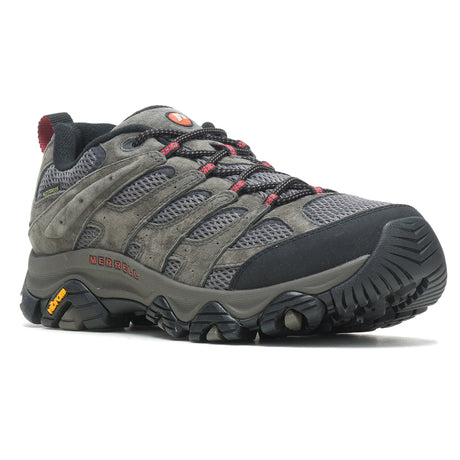 Men's Merrell Moab 3 low-cut hiking shoe in Beluga; wide fit. Pig suede/mesh waterproof upper and Vibram TC5+ sole. Style #J037499W.