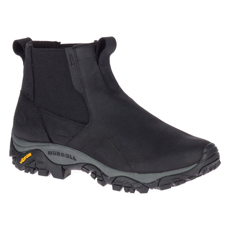Merrell Moab Adventure 3 Men’s Waterproof Black Chelsea Boots with leather upper, double stretch gore, fleece lining, and Vibram TC5+ rubber outsole.