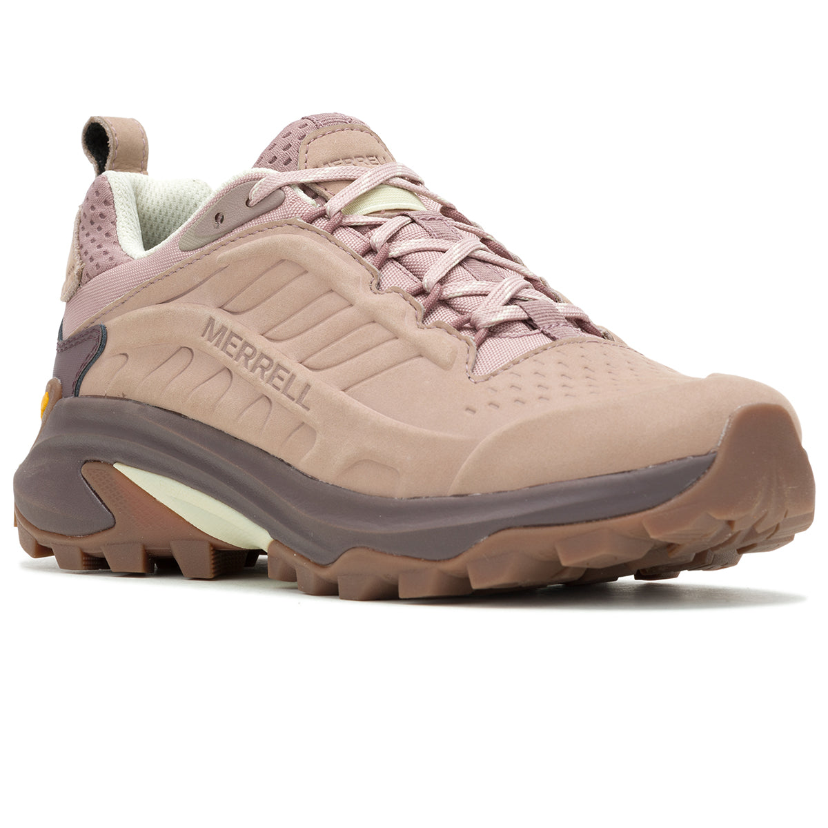 A pair of beige Merrell women's Moab Speed 2 GORE-TEX shoes designed for outdoor activities, featuring a waterproof membrane, protective synthetic heel, and a FlexPlate technology sole.