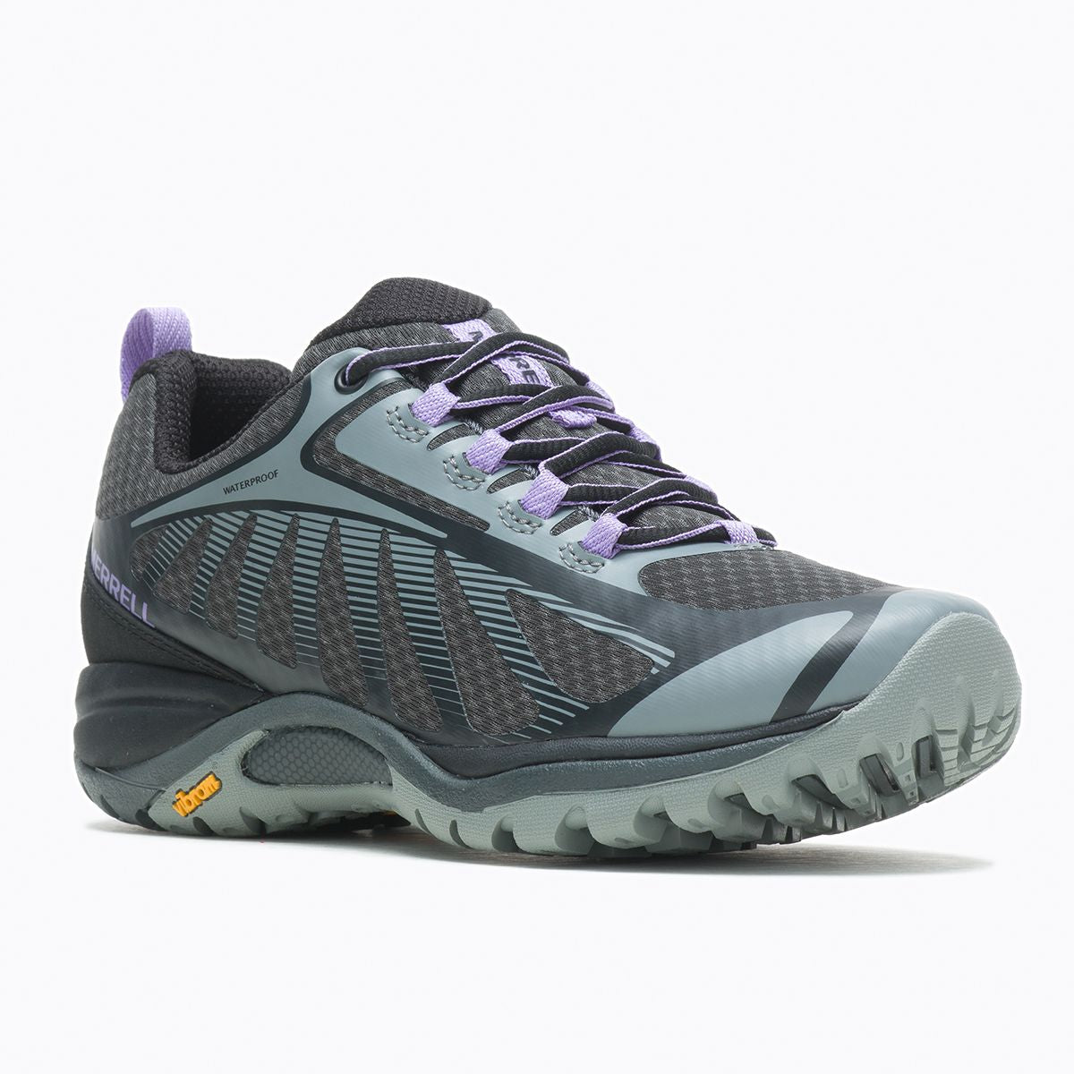 Women’s black and violet waterproof hiking shoe with grey mesh panels and a rugged grey Vibram sole. Style #J500116