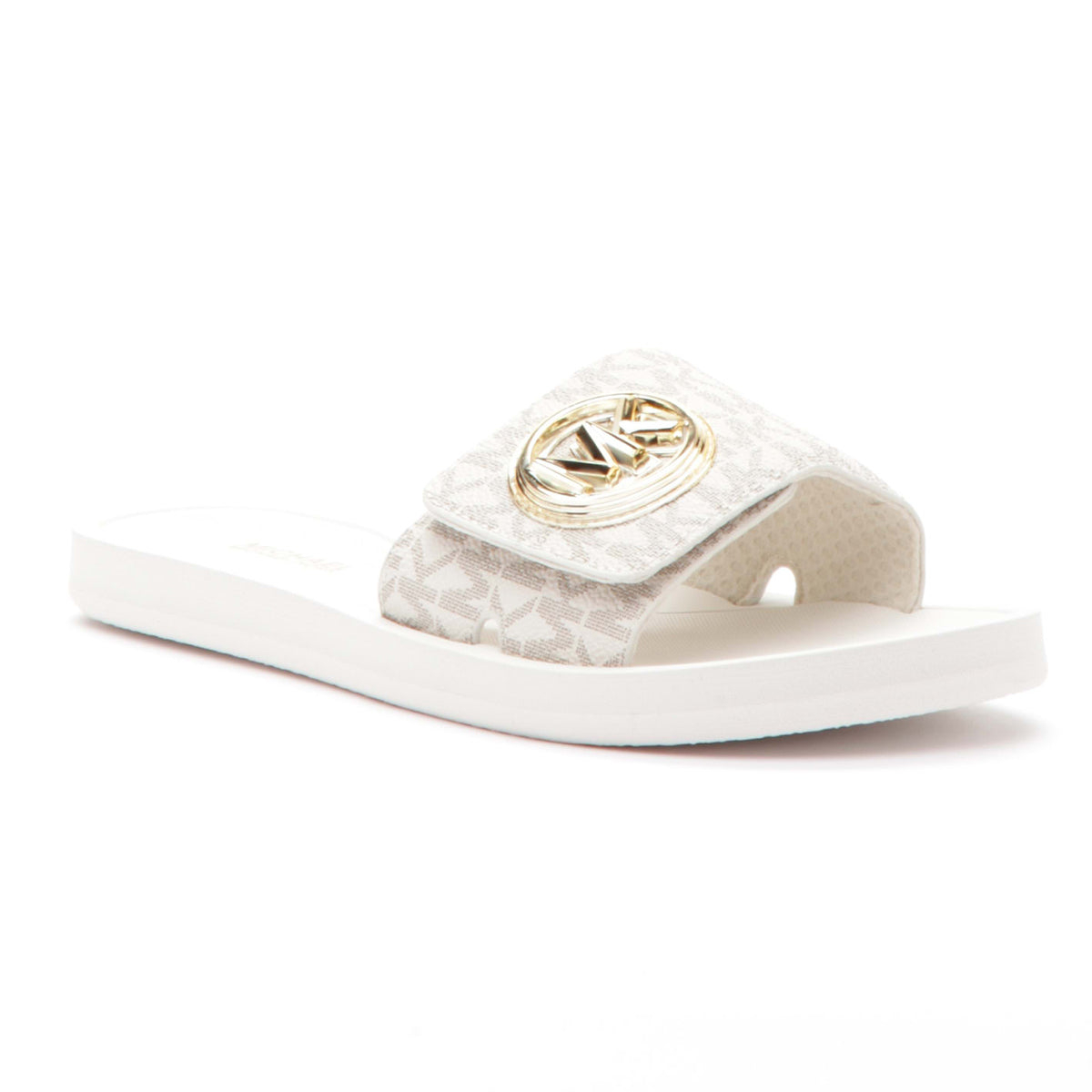Michael Kors Charm Slide Sandal – Gold MK Logo on signature MK pattern in off white