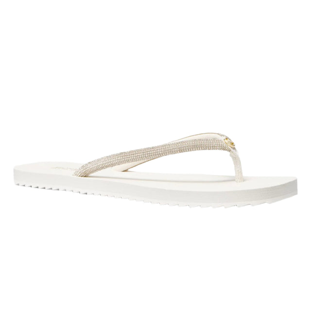 Michael Kors Jinx Toe Thong in Cream with Gold MK logo. Perfect for pool or beach.