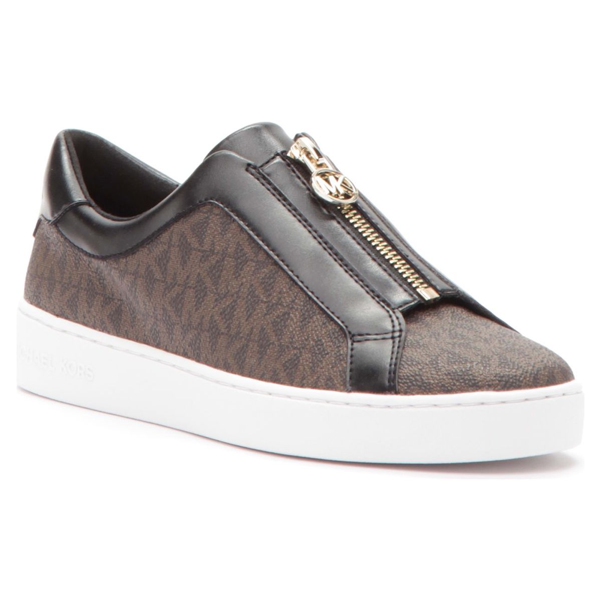 Michael Kors Keaton Zip Sneaker in Brown Luggage Signature MK Print for women.