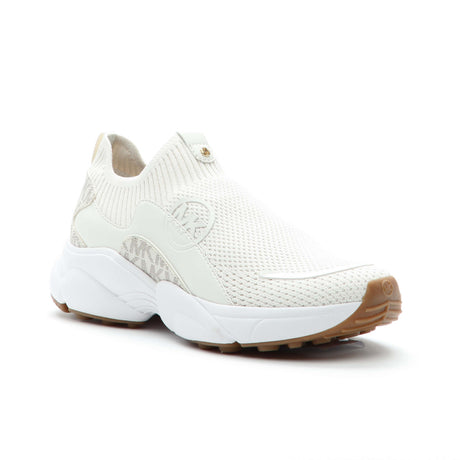 Cream women’s slip-on sneaker with stretch-knit upper, ribbed ankle collar, tonal MK logo detailing, and thick rubber sole offering sporty lift and comfort. Style #43S5SMFS1D